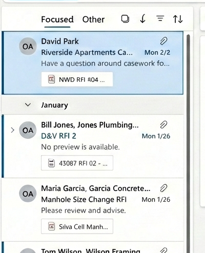 Outlook inbox full of RFI emails from subcontractors