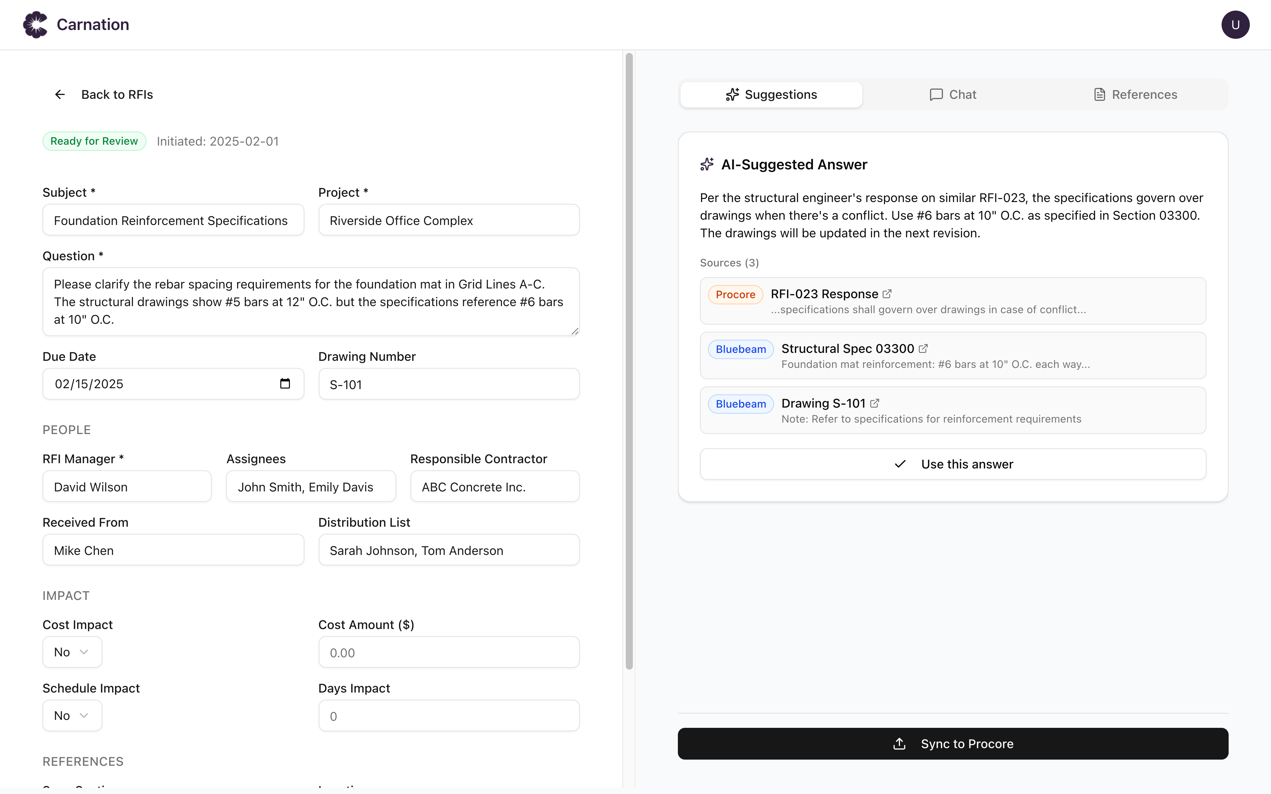 Carnation RFI detail view with AI-suggested answer and cited sources from Procore and Bluebeam